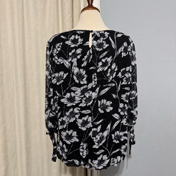 Roz & Ali Women Black & White Floral Lined 3/4 Sleeve Relaxed Fit Blouse Size 1X - Picture 5 of 13